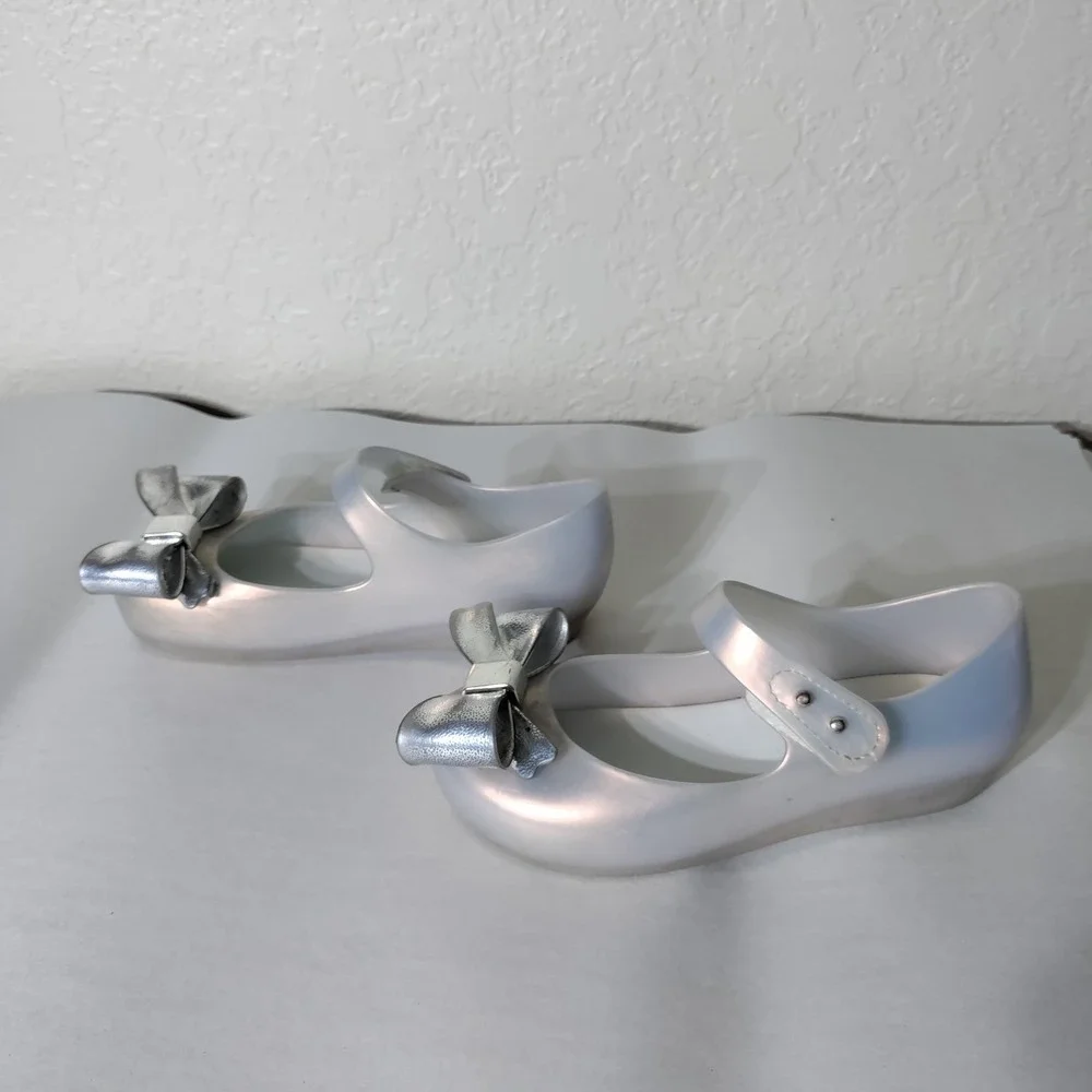 Mini Melissa Ultragirl Bow Jelly Shoes Silver Pearlescent Mary Janes Size 11